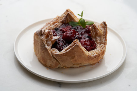 Puff pastry cake with berries on wooden background. Delicious pastries with cherry jam and...