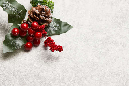 Christmas composition background. Christmas decorations, new year frame with tree branch and red berriesの写真素材