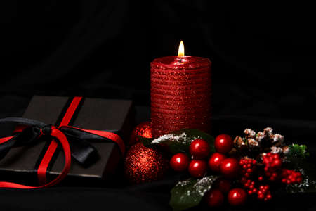 Christmas decoration candle and xmas toys. New Year and Christmas background