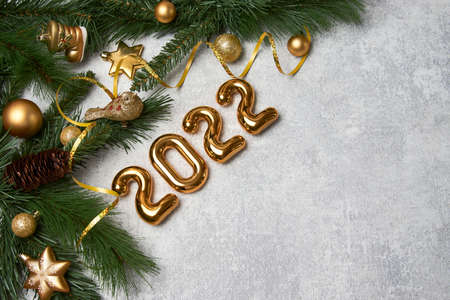 Christmas composition and decoration. Christmas tree toys and ornaments. 2022 New Year background
