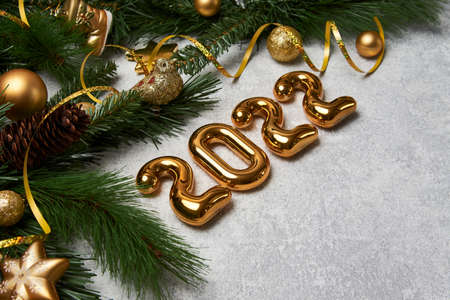 Christmas composition and decoration. Christmas tree toys and ornaments. 2022 New Year background