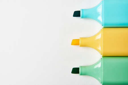 Colorful marker pen on white background. Multi-colored highlighter, close-upの写真素材