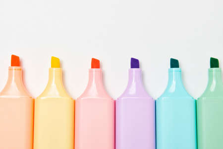 Colorful marker pen on white background. Multi-colored highlighter, close-upの写真素材