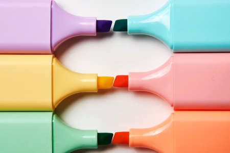 Colorful marker pen on white background. Multi-colored highlighter, close-upの写真素材