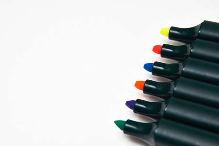 Colorful marker pen on white background. Multi-colored highlighter, close-upの写真素材