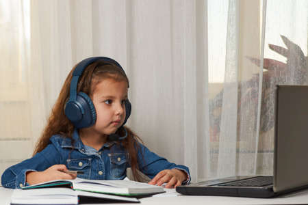 Online learning and distance study concept. Preschool education. Child girl enjoy e-learning on computer notebook at homeの写真素材