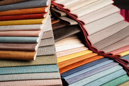 Colorful fabric samples. Fabric texture background. Textile Palette collection, close-upの写真素材