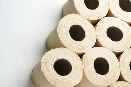 Toilet paper roll on a white background with copy space, close-up. Paper towel rollの写真素材