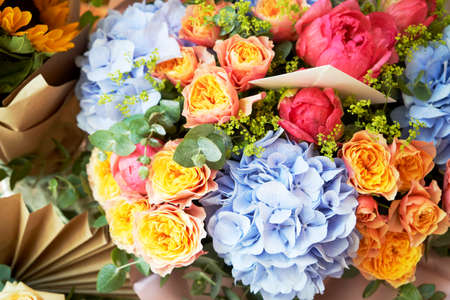Flowers bouquet background, top view. Colorful Bouquet of flowers, close-up