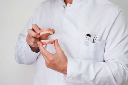 Young dentist holding dental jaw on white background. Male dentist hand with teeth model, close-up....
