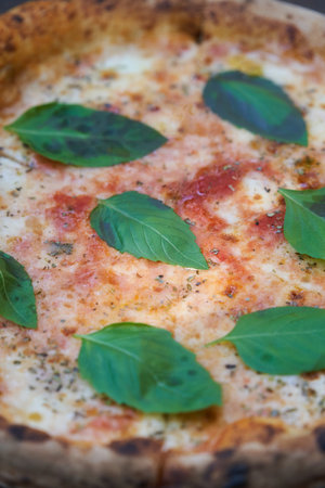 Italian Margherita pizza cooked in oven. Fresh pizza with mozzarella cheese, close-upの写真素材
