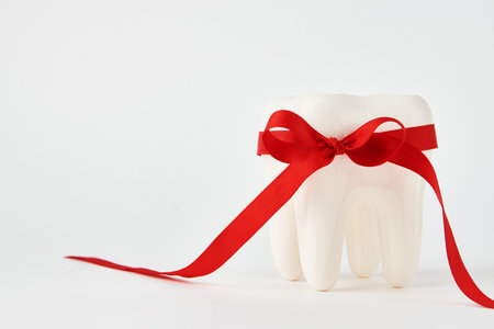 Dental treatment concept. Dental offers free treatment. White tooth model with bow ribbon on a white background with copy space, close-upの写真素材