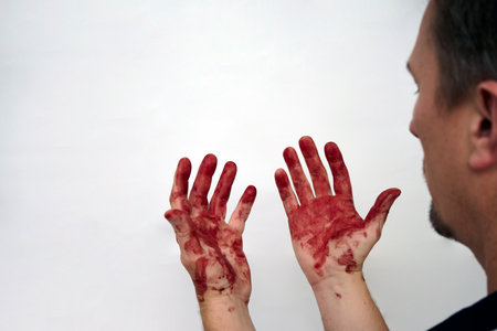 Man looking on his bloody hand isolated on white background with copy space, close-up