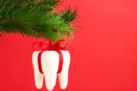 White teeth hanging on Christmas tree on a red background with copy space, close-up. Dental promotion with Christmas gift as toothの写真素材