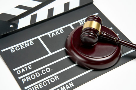 Clapper board and judge gavel background. Movie Piracy laws concept. Illegally movies and copyrights