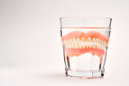 Dentures in a glass of water. Dental prosthesis health care. False teeth, dentures.