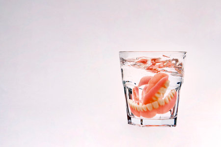 Dentures in a glass of water. Dental prosthesis health care. False teeth, dentures.の写真素材