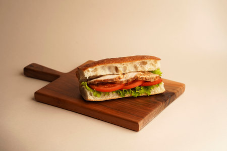 Sandwich with chicken breast, lettuce and tomato. Healthy breakfast sandwichの写真素材