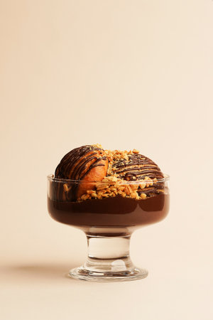 Chocolate dessert in glass cup. Dessert with chocolate mousse or pudding and peanutの写真素材