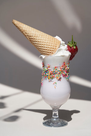 Ice Cream Cone with a Strawberry. Sundae ice cream with a sprinkles