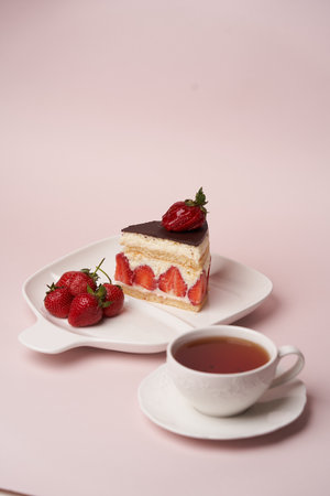 Strawberry cheesecake dessert on white background with copy space.の写真素材