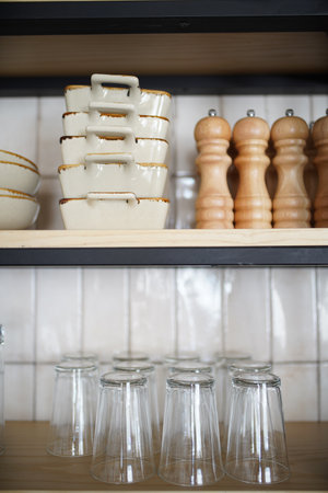 Kitchen shelves with various ceramic plates and glass cups. Kitchenware and utensils. Kitchen...