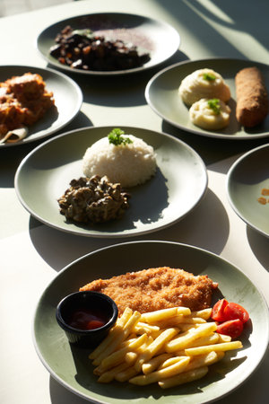 Table served with food plates, top view. Different kinds of dishの写真素材