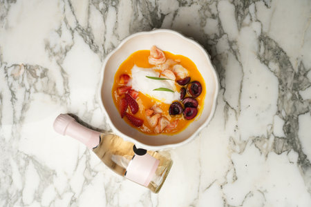 Vegetarian healthy dish, bowl with a shrimps, fruits and sauceの写真素材