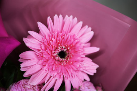 Beautiful colorful mixed flower bouquet. Man hands holding flowers bouquet, dark background, copy space, close-upの写真素材