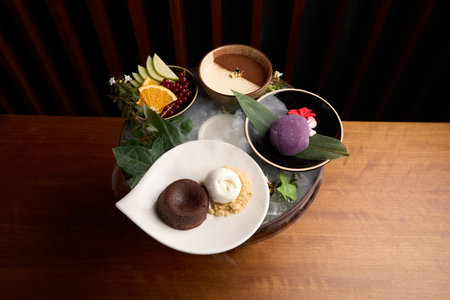 Japanese dessert mochi, and fresh fruit and berries.の写真素材