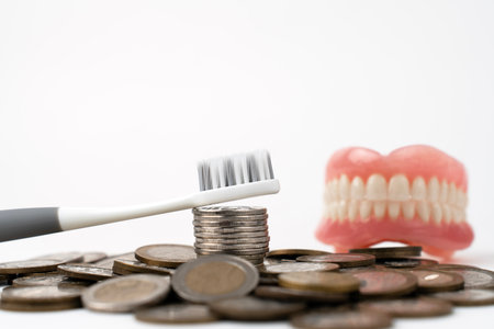 Tooth brush and money coins on a white background with copy space. Dentist Money concept. Dental insuranceの写真素材