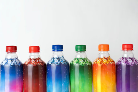 Colorful plastic bottles on a white background with copy space, close-up. Multi Colored plastic...