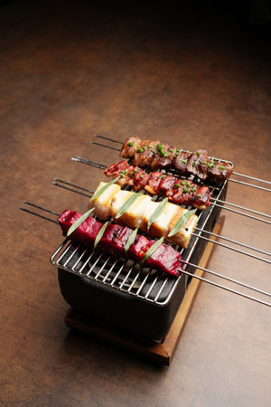 BBQ skewers with various kebab. Barbecue shish kebab with fish and beef meatの写真素材
