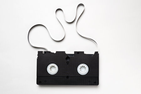 Video cassette tape isolated on white. Old analog tape VHS cassette, close-up. Retro and vintage