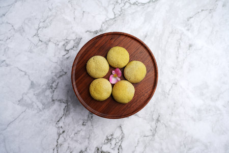 Kurabiye cookies served on wooden tray on a marble background with copy space
