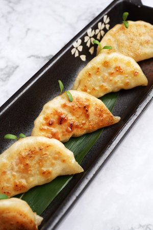 Traditional japanese gyoza dumplings with meat and mushrooms on black plate. Japanese fried gyoza...