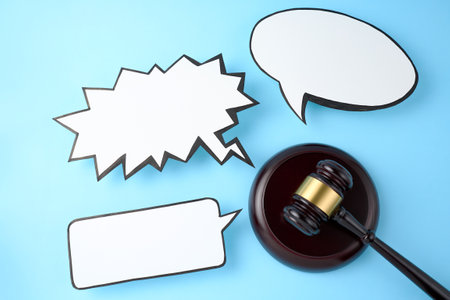 Judge gavel and speech bubble background with copy space for text. Justice or Auction related,...