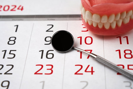 Dentist appointment calendar page and dentures model with mirror dental, close-up. Dentist doctor...