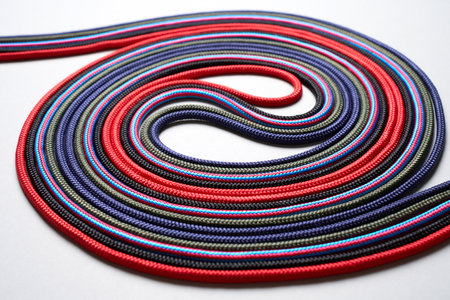 Colorful rope twisted on a white background. Colorful rope coil, close-up
