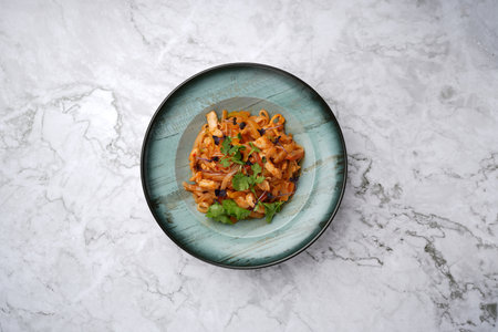 Udon noodles with chicken and vegetables, traditional Japanese cuisine