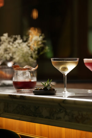 Set of various cocktails on bar counter. Assortment of alcoholic cocktails on restaurant bar