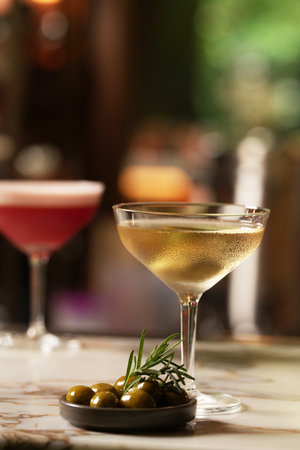 Set of various cocktails on bar counter. Assortment of alcoholic cocktails on restaurant barの写真素材