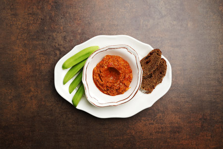 Baked eggplant sauce with vegetables, tomatoes, paprika, onion and garlicの写真素材