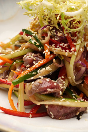 Sliced meat and vegetables salad in a white bowlの写真素材