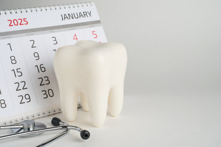 Dentist appointment calendar on a white background with copy space. Reminder calendar for visiting dental clinic. Dentistry check up dateの写真素材