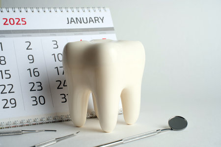 Dentist appointment calendar on a white background with copy space. Reminder calendar for visiting dental clinic. Dentistry check up dateの写真素材