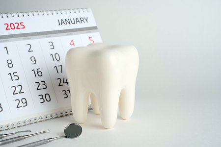 Dentist appointment calendar on a white background with copy space. Reminder calendar for visiting dental clinic. Dentistry check up dateの写真素材