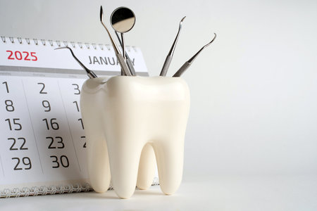 Dentist appointment calendar on a white background with copy space. Reminder calendar for visiting dental clinic. Dentistry check up dateの写真素材