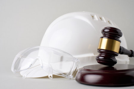Labour laws labour code or employment laws concept. Safety hard hat and judge gavel on a gray backgroundの写真素材