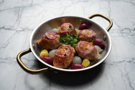 Chicken lula kebab with vegetables and pita breadの写真素材